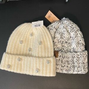 NWT LOT OF 2 WORLD MARKET PEARL CRYSTAL AND CC KNIT BEANIE CABLE HAT